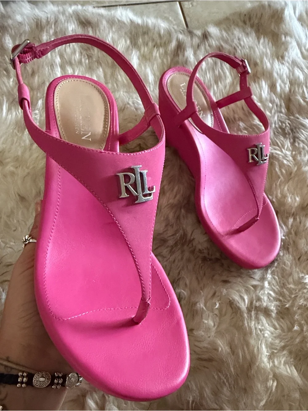 Ralph Lauren Jeannie Hot Pink low Wedge dressy designer hamptons Thong Sandals 8